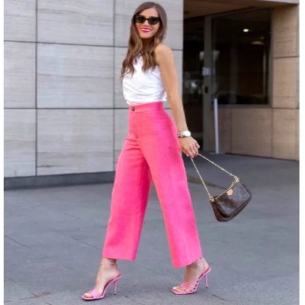 Zara Pink Textured High Waisted Wide Leg Cropped Pants XS